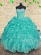 Floor Length Aqua Blue Quinceanera Dress Organza Sleeveless Beading and Ruffles and Ruching