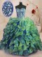Discount Sleeveless Organza Floor Length Lace Up Sweet 16 Dress in Multi-color with Beading and Ruffles