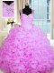 Chic Rose Pink Ball Gowns Sweetheart Sleeveless Organza Floor Length Zipper Beading and Ruffles Ball Gown Prom Dress