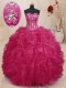 Traditional Floor Length Coral Red 15 Quinceanera Dress Organza Sleeveless Beading and Ruffles