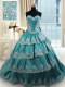 Teal Taffeta Lace Up 15 Quinceanera Dress Sleeveless With Train Beading and Appliques and Ruffled Layers