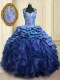 Fashionable Blue Sweetheart Lace Up Beading and Ruffles and Pick Ups Quinceanera Gowns Brush Train Cap Sleeves
