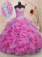Ideal Rose Pink Ball Gowns Sweetheart Sleeveless Organza With Brush Train Lace Up Beading and Ruffles Ball Gown Prom Dress