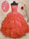 Orange Red Strapless Lace Up Beading and Ruffles and Ruching Sweet 16 Quinceanera Dress Sleeveless