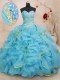 Comfortable Organza Sweetheart Sleeveless Brush Train Lace Up Beading and Ruffles Quince Ball Gowns in Baby Blue