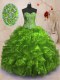 Beading and Ruffles Quince Ball Gowns Olive Green Lace Up Sleeveless With Train Sweep Train