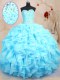 Custom Designed Baby Blue Ball Gowns Beading and Ruffles Sweet 16 Quinceanera Dress Lace Up Organza Sleeveless Floor Length