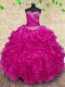 Unique Fuchsia Ball Gowns Beading and Ruffles and Ruching Sweet 16 Quinceanera Dress Lace Up Organza Sleeveless Floor Length