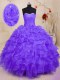 Purple Lace Up Sweetheart Beading and Ruffles and Hand Made Flower Quince Ball Gowns Organza Sleeveless