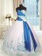 Excellent Floor Length Lace Up Quince Ball Gowns Blue And White for Military Ball and Sweet 16 and Quinceanera with Embroidery and Sashes ribbons