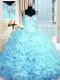 On Sale Straps Sleeveless Quinceanera Gown Floor Length Beading and Ruffles Aqua Blue Organza