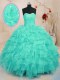 Customized Turquoise Sleeveless Beading and Ruffles and Hand Made Flower Floor Length Quinceanera Gown