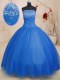 Simple Strapless Sleeveless Tulle Ball Gown Prom Dress Beading Lace Up