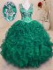 Customized Dark Green Ball Gowns Organza V-neck Sleeveless Beading and Embroidery and Ruffles Floor Length Zipper 15 Quinceanera Dress