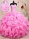 Fantastic Organza Sweetheart Sleeveless Lace Up Beading and Ruffles Quince Ball Gowns in Rose Pink