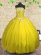 Yellow Ball Gowns Strapless Sleeveless Tulle Floor Length Lace Up Appliques and Ruching Quinceanera Gowns