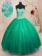 Dark Green Ball Gowns Beading Sweet 16 Dresses Lace Up Tulle Sleeveless Floor Length