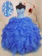 Floor Length Royal Blue Vestidos de Quinceanera Organza Sleeveless Beading and Ruffles