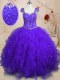 Charming Purple Lace Up Square Beading and Ruffles and Sequins Vestidos de Quinceanera Tulle Cap Sleeves