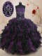 Black And Purple Ball Gowns Organza Strapless Sleeveless Beading and Ruffles Floor Length Lace Up Sweet 16 Quinceanera Dress