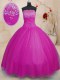 Shining Fuchsia Ball Gowns Tulle Strapless Sleeveless Beading Floor Length Lace Up 15 Quinceanera Dress