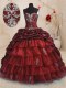 Exquisite Wine Red Ball Gowns Sweetheart Sleeveless Organza and Taffeta With Train Sweep Train Lace Up Beading and Appliques and Ruffled Layers and Pick Ups Quinceanera Dresses