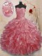 Delicate Watermelon Red Lace Up Vestidos de Quinceanera Beading and Ruffles Sleeveless Floor Length