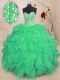 Ideal Turquoise Ball Gowns Organza Sweetheart Sleeveless Beading and Ruffles Floor Length Lace Up Quinceanera Dress