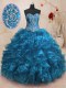Stunning With Train Ball Gowns Sleeveless Blue 15 Quinceanera Dress Sweep Train Lace Up