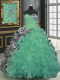 Fabulous Printed Beading and Ruffles and Pattern Sweet 16 Dresses Green Lace Up Sleeveless With Brush Train