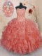 Modern Sleeveless Organza Floor Length Lace Up Sweet 16 Quinceanera Dress in Watermelon Red with Beading and Ruffles