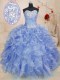 Sleeveless Floor Length Beading and Ruffles Zipper 15th Birthday Dress with Light Blue