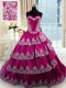 Sleeveless Taffeta With Train Court Train Lace Up Quinceanera Gown in Fuchsia with Beading and Appliques and Embroidery and Ruffled Layers