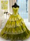 Olive Green Sleeveless With Train Beading and Appliques and Ruffled Layers Lace Up Quinceanera Gowns