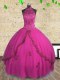 Smart Ball Gowns Sweet 16 Dresses Fuchsia Halter Top Tulle Sleeveless Floor Length Lace Up