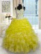 Yellow Zipper Straps Beading and Ruffles Quinceanera Dresses Organza Sleeveless