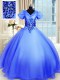 Cheap Blue Short Sleeves Floor Length Appliques Lace Up Quinceanera Dresses