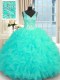 Aqua Blue Ball Gowns V-neck Sleeveless Organza Floor Length Zipper Beading and Ruffles Quinceanera Gown