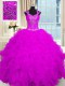 Fantastic Fuchsia Ball Gowns Beading and Ruffles Ball Gown Prom Dress Lace Up Organza Cap Sleeves Floor Length
