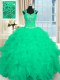 Turquoise Cap Sleeves Beading and Ruffles and Pattern Floor Length Ball Gown Prom Dress