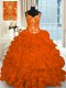 Orange Red Organza Lace Up Quinceanera Gown Sleeveless Brush Train Beading and Ruffles