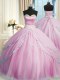 Spectacular Sleeveless Tulle With Train Court Train Lace Up Quinceanera Gowns in Lilac with Beading and Appliques