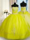 Yellow Green Ball Gowns Strapless Sleeveless Organza Floor Length Lace Up Beading and Embroidery Quince Ball Gowns