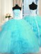 Luxury Floor Length Lace Up Quinceanera Dresses Aqua Blue for Military Ball and Sweet 16 and Quinceanera with Pick Ups and Hand Made Flower