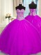 Fancy Sequins Sweetheart Sleeveless Lace Up 15th Birthday Dress Fuchsia Organza