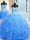 Charming Three Piece Tulle Strapless Sleeveless Lace Up Beading and Ruffles Quince Ball Gowns in Baby Blue