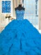 Eye-catching Blue Ball Gowns Sweetheart Sleeveless Organza With Brush Train Lace Up Beading and Ruffles 15th Birthday Dress