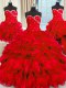 Delicate Four Piece Sweetheart Sleeveless Lace Up Vestidos de Quinceanera Red Organza