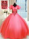 Modest Appliques Sweet 16 Quinceanera Dress Coral Red Lace Up Short Sleeves Floor Length
