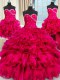 Inexpensive Four Piece Floor Length Lace Up 15 Quinceanera Dress Hot Pink for Military Ball and Sweet 16 and Quinceanera with Beading and Ruffles and Ruching